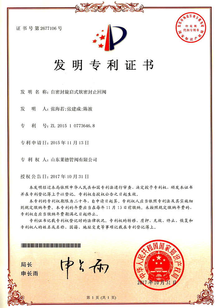 自密封(fēng)旋啟式軟(ruan)密封止回(huí)閥發明專(zhuān)利